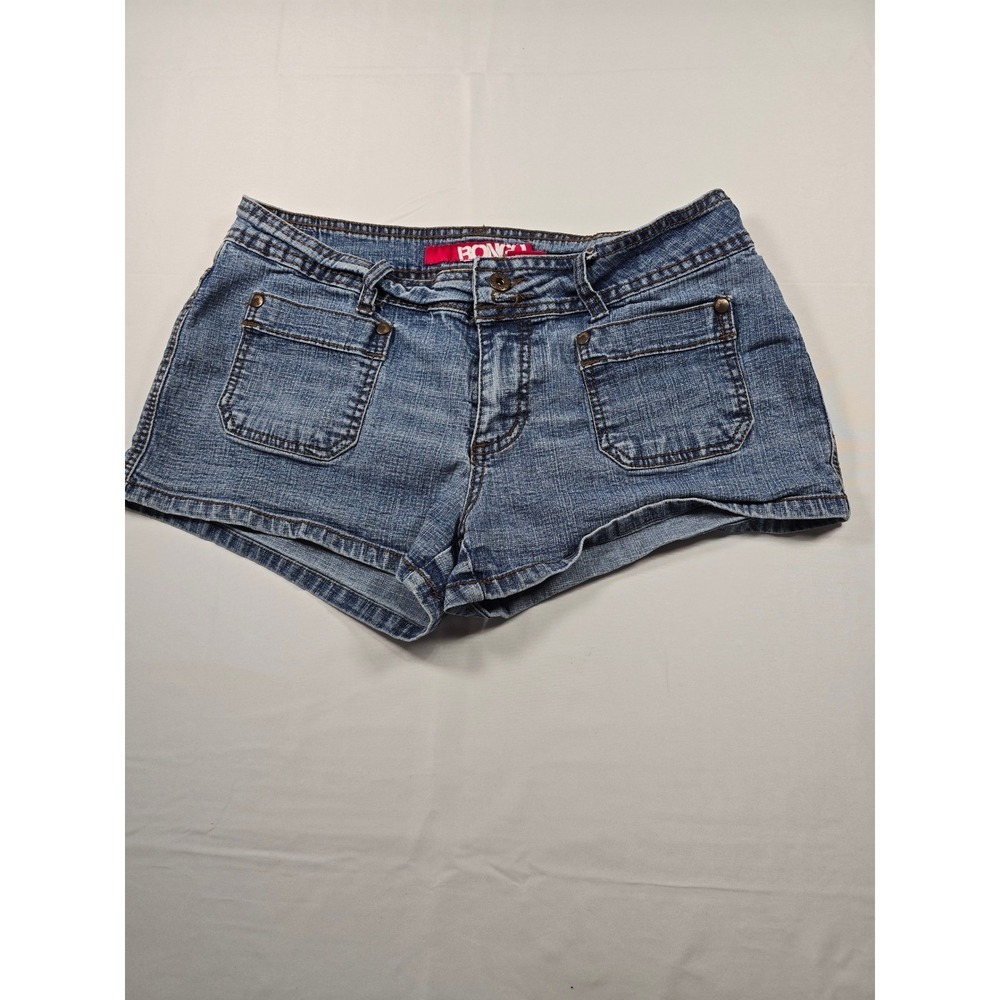 Bongo Womens Blue Denim Shorts Size 9 Low Rise Y2K Stretch Patch Pockets Medium